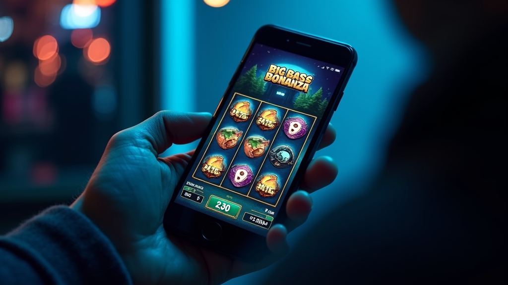A player opening Big Bass Bonanza on a smartphone in a dark casino setting