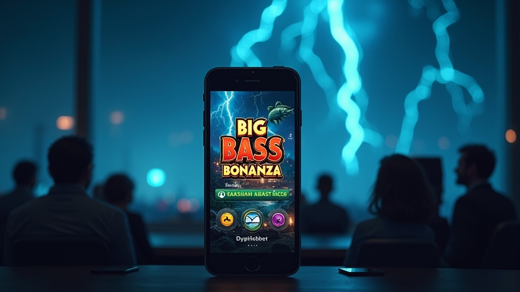 A smartphone loading Big Bass Bonanza beside mobile support icons in a dark casino scene