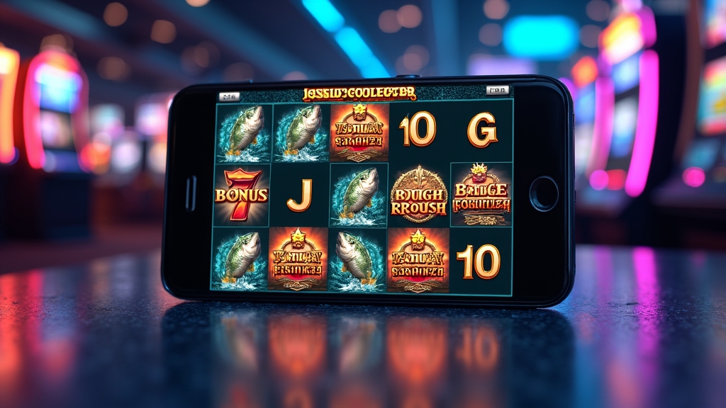 Mobile Big Bass Bonanza reels glowing with fishing symbols in a dark casino scene