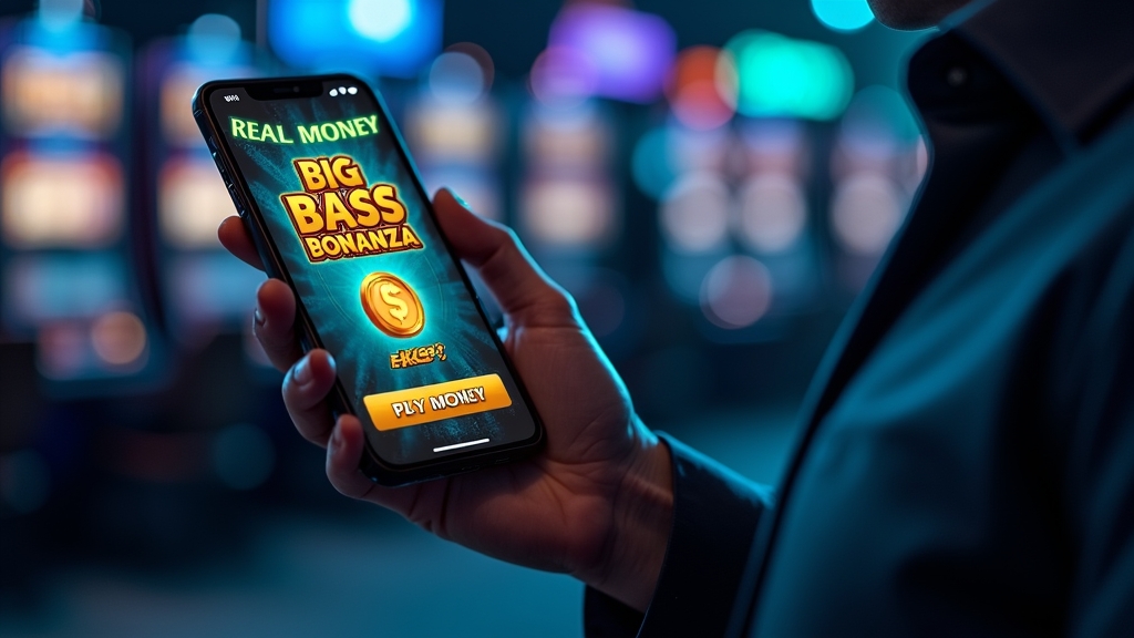 A phone showing Big Bass Bonanza real-money play beside a casino cashier screen