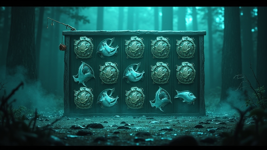 Spinning fish-themed reels in a dark casino with a bonus trigger building