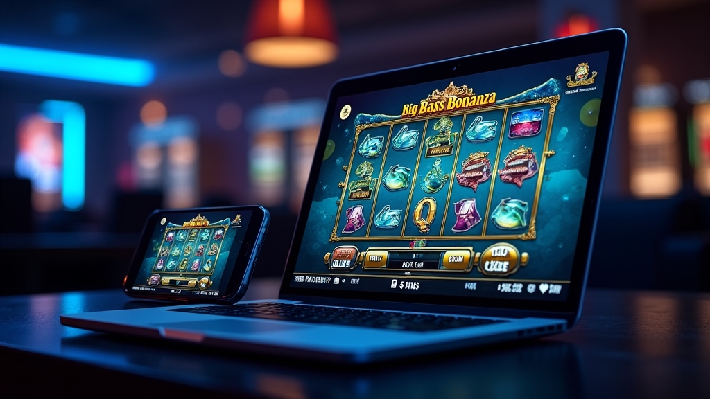Phone and laptop showing the demo slot in a dark UK-style gaming lounge