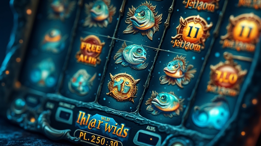 Fisherman wild collecting fish values on a glowing free-spin slot screen