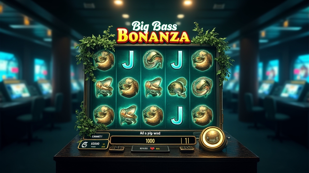 Glowing fish-themed slot screen in a dark casino with the fisherman wild visible