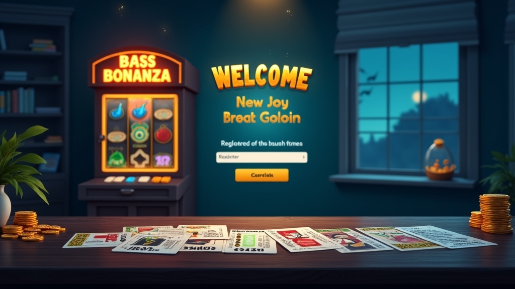 Registration bonus cards beside a Big Bass Bonanza slot cabinet in a dark casino