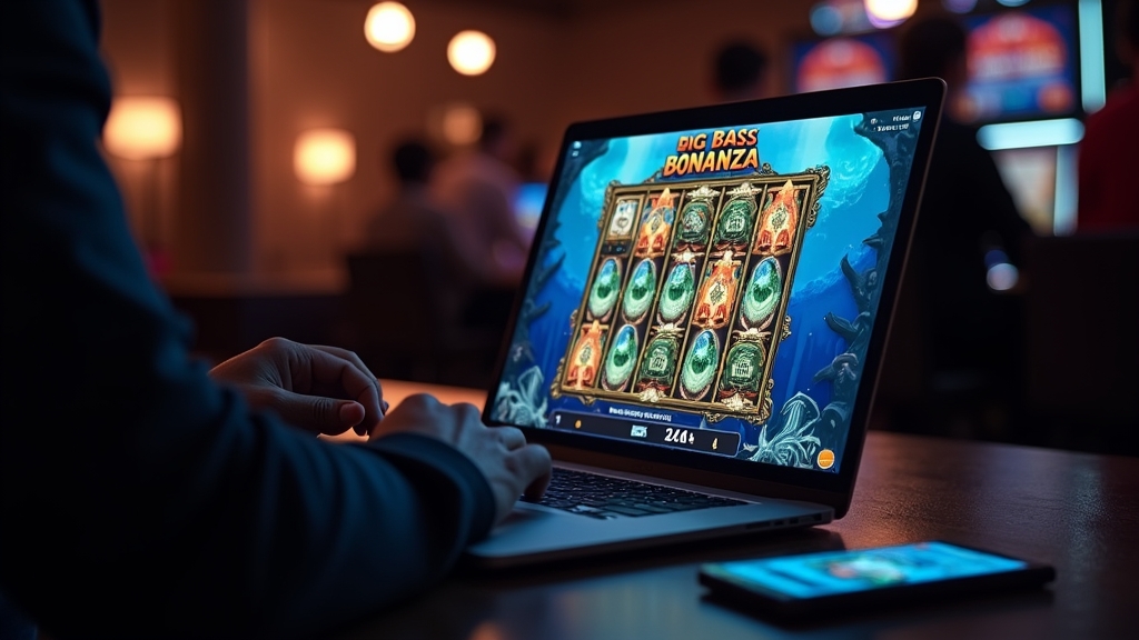 Player testing the demo on a laptop with a phone beside it in a dark lounge